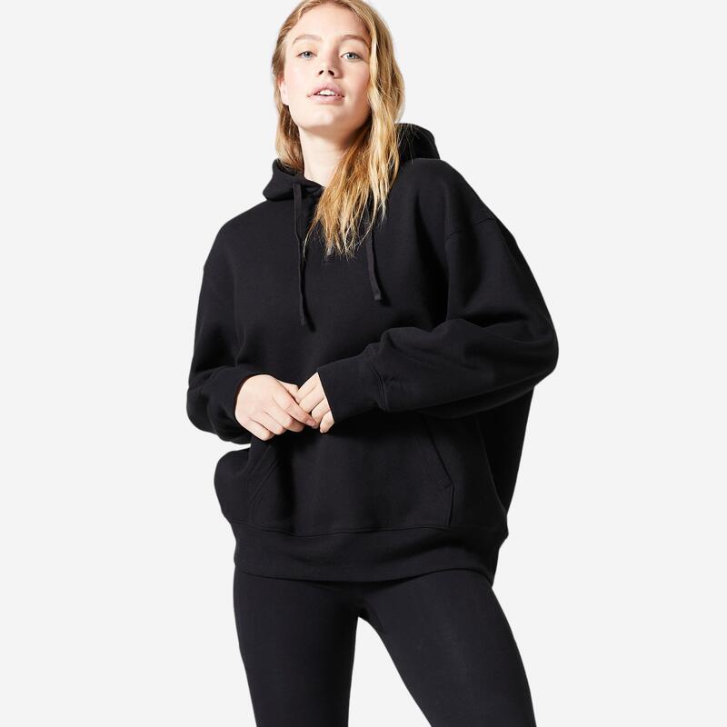 Sweatshirt Comprida com Capuz Fitness Mulher 520 Preto