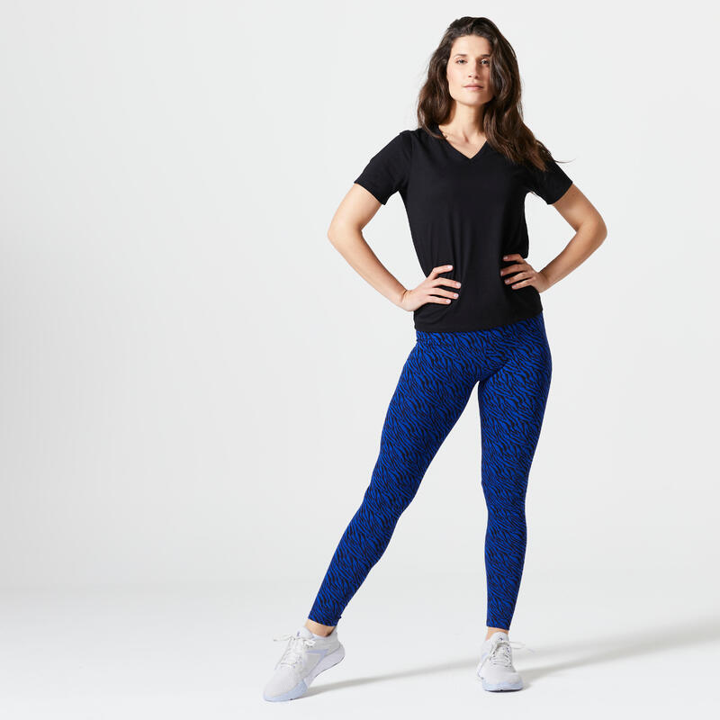Legging slim Fitness femme Fit+ - 500 Imprimé Bleu et Noir
