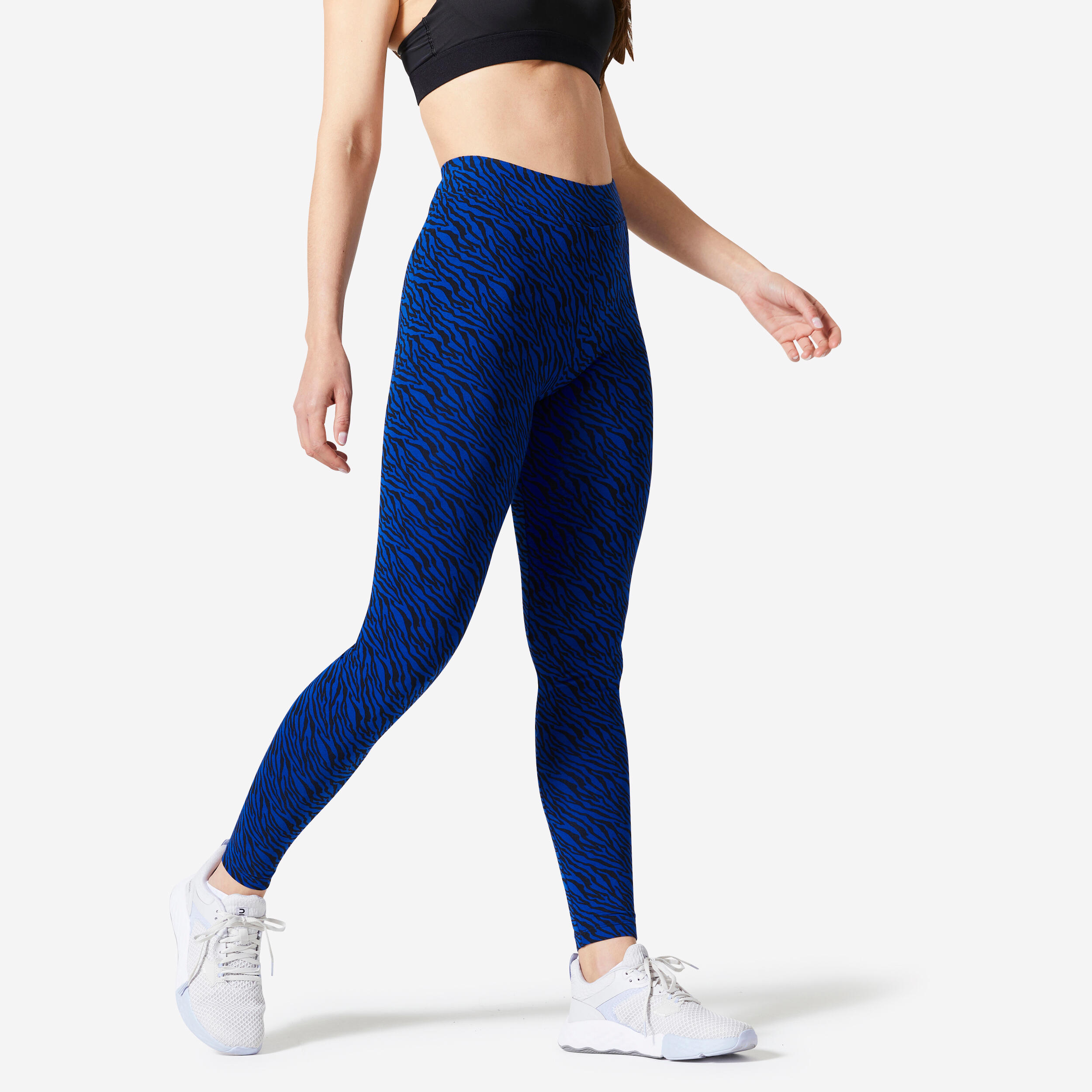 Women's cotton fitness leggings, black and cobalt blue