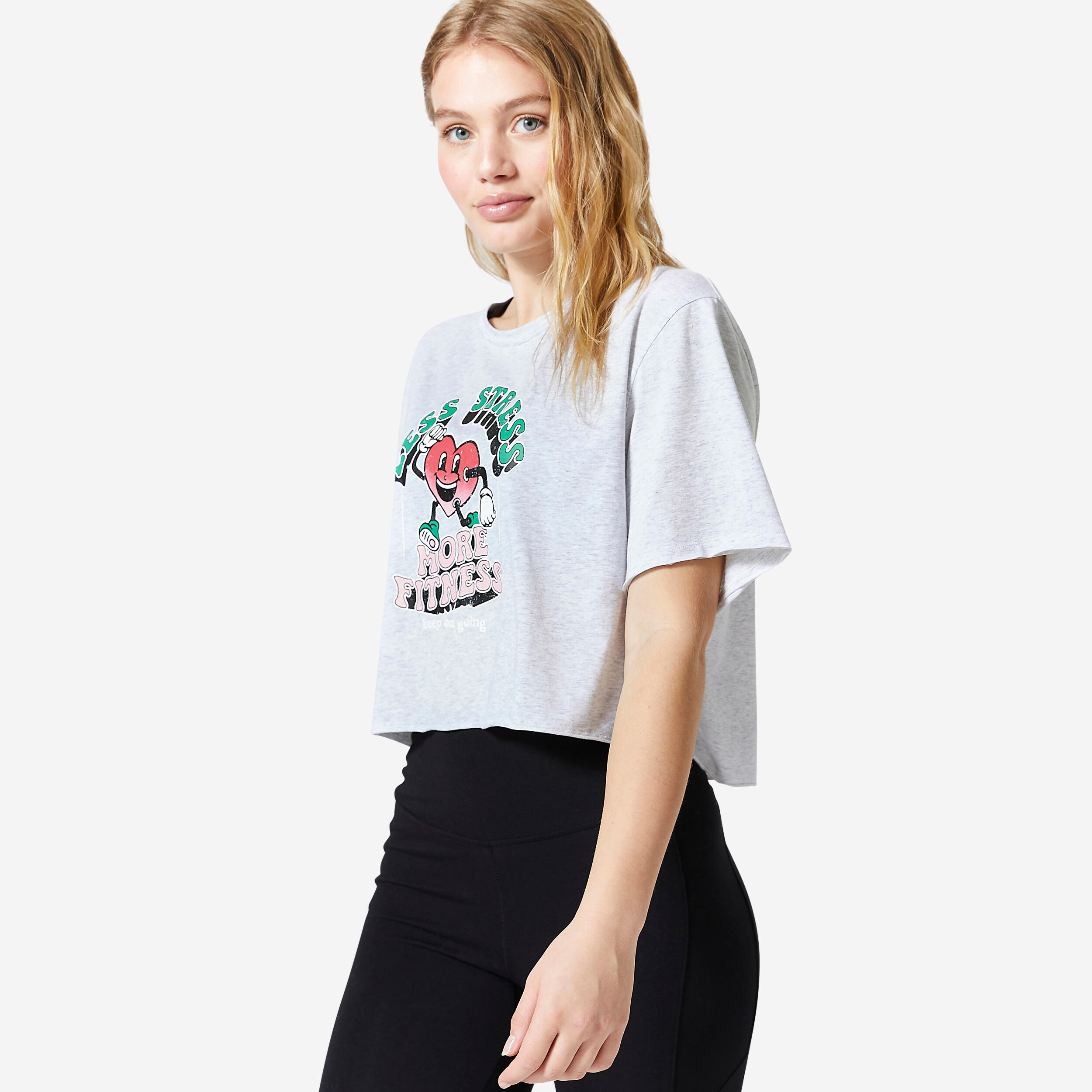 T-shirt crop top de fitness mulher 520 cinzento pálido estampado