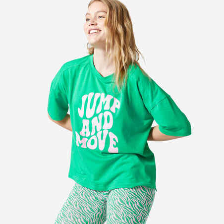 Majica kratkih rukava za fitness 520 širokog kroja ženska zelena s printom
