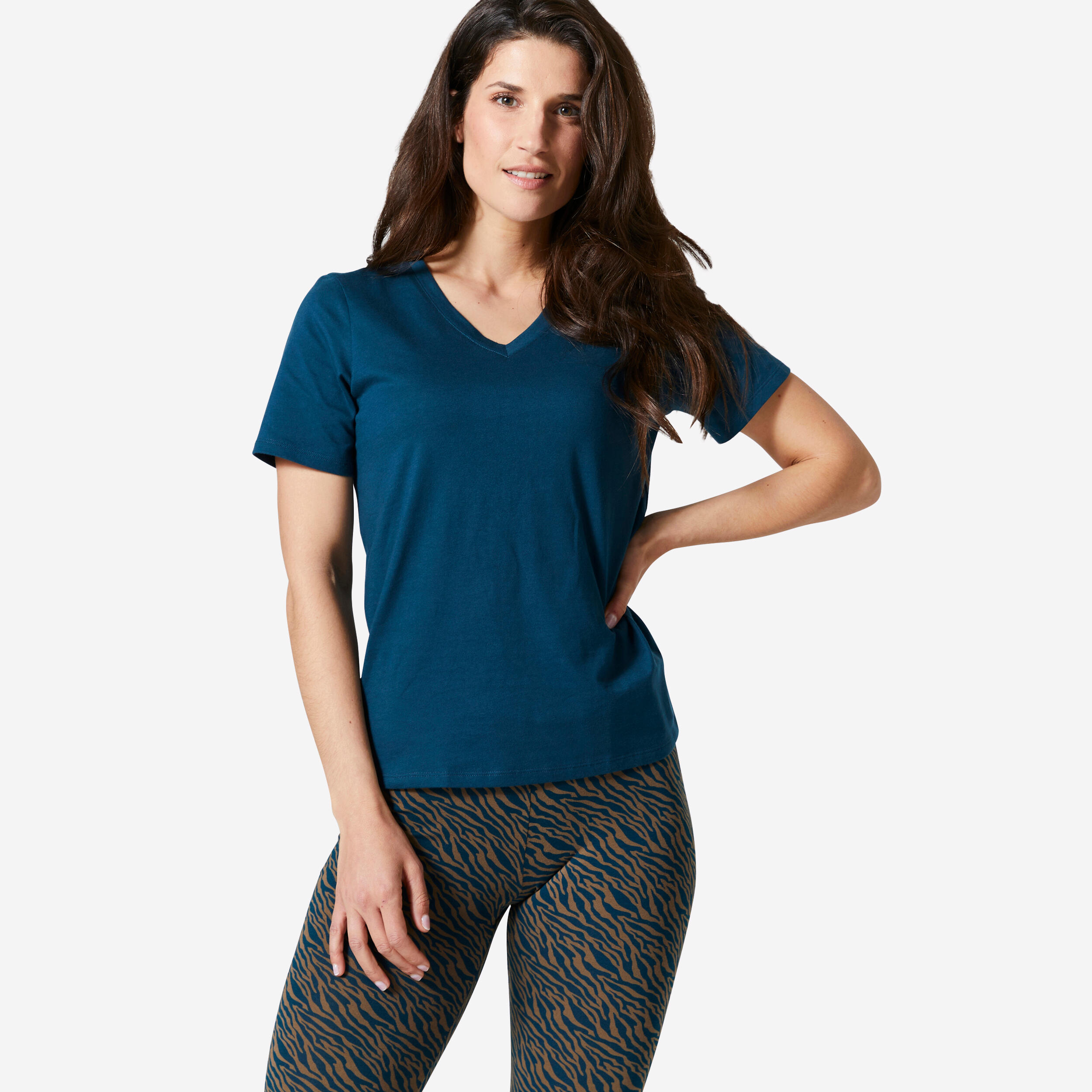 T shirt col V fitness en coton femme bleu acier DOMYOS Decathlon