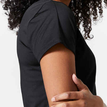 Moteriški kardiotreniruočių ir kūno rengybos trumparankoviai marškinėliai, juodi