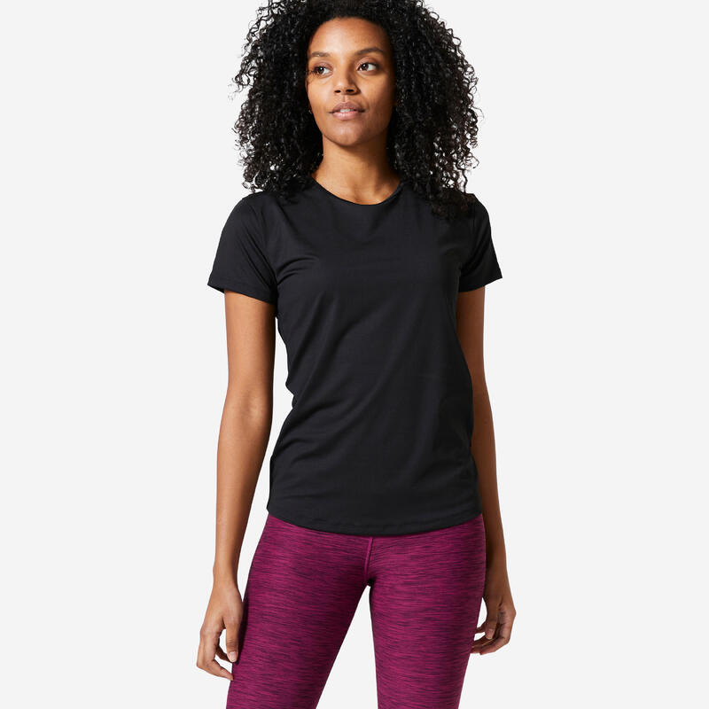 T-shirt nera donna fitness 100 regular traspirante