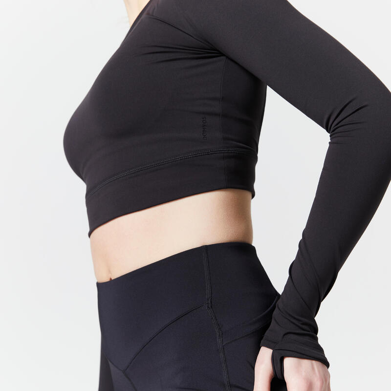 Crop top met lange mouwen voor cardiofitness voor dames zwart