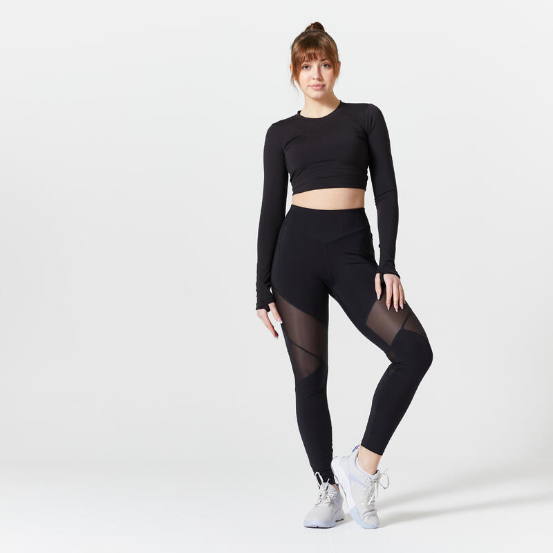 Crop top met lange mouwen voor cardiofitness voor dames zwart