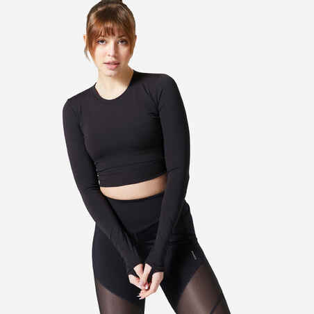 Moteriški trumpi ilgarankoviai kūno rengybos marškinėliai, juodi