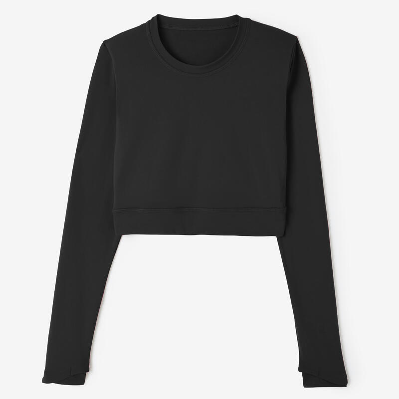 Cropped shirt met lange mouwen voor cardiofitness dames zwart