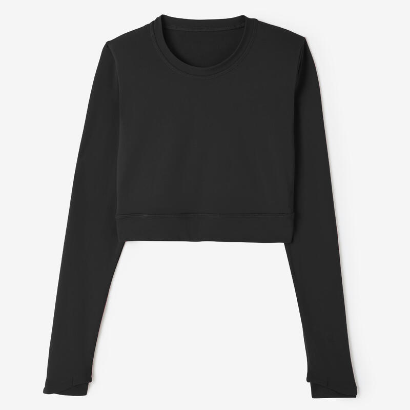 T-shirt nera manica lunga donna palestra 500 cropped traspirante