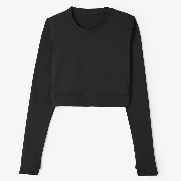 Women's Fitness Long-Sleeved Cropped T-Shirt - Black