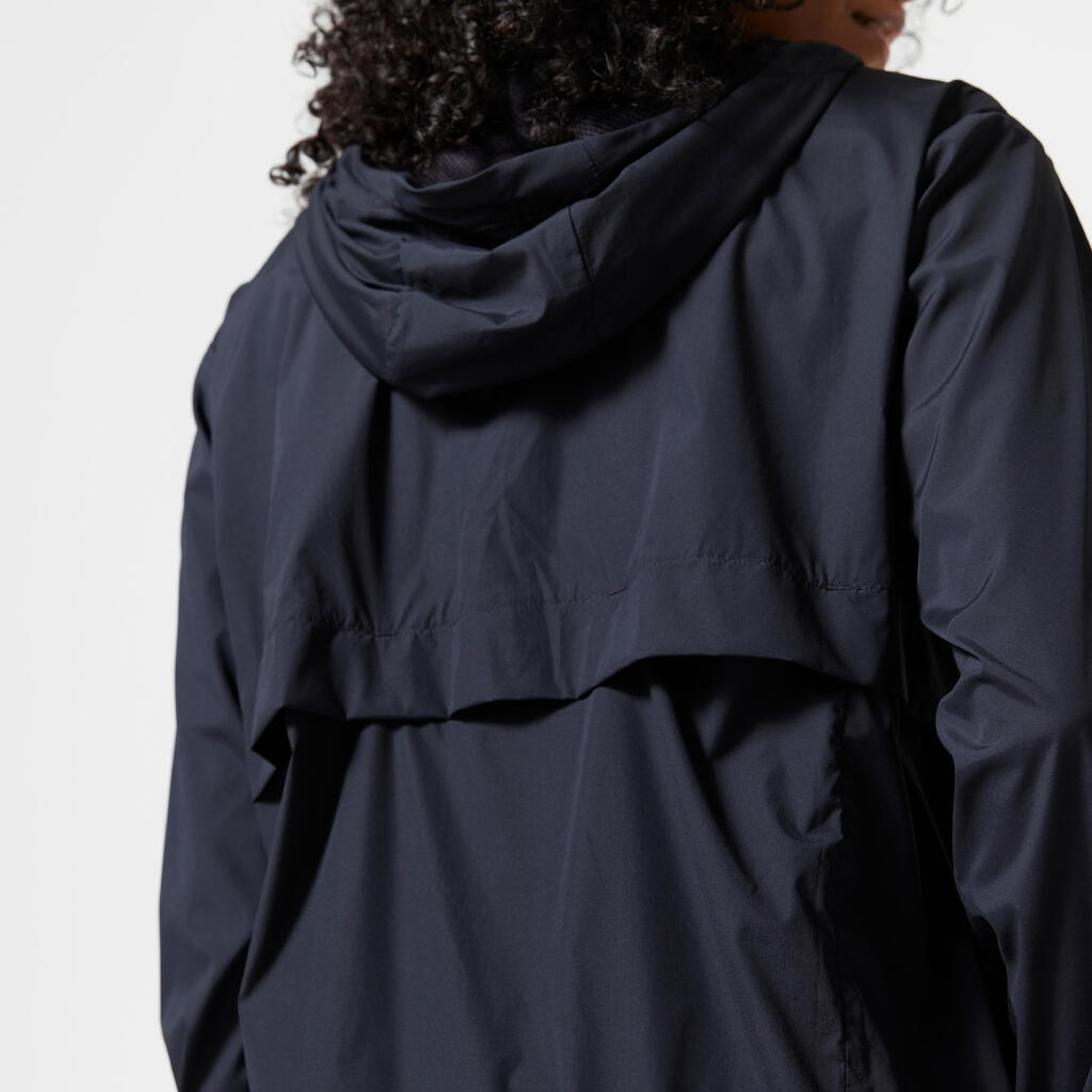 Sieviešu brīva piegriezuma kardiofitnesa jaka ar kapuci un kabatām, melna