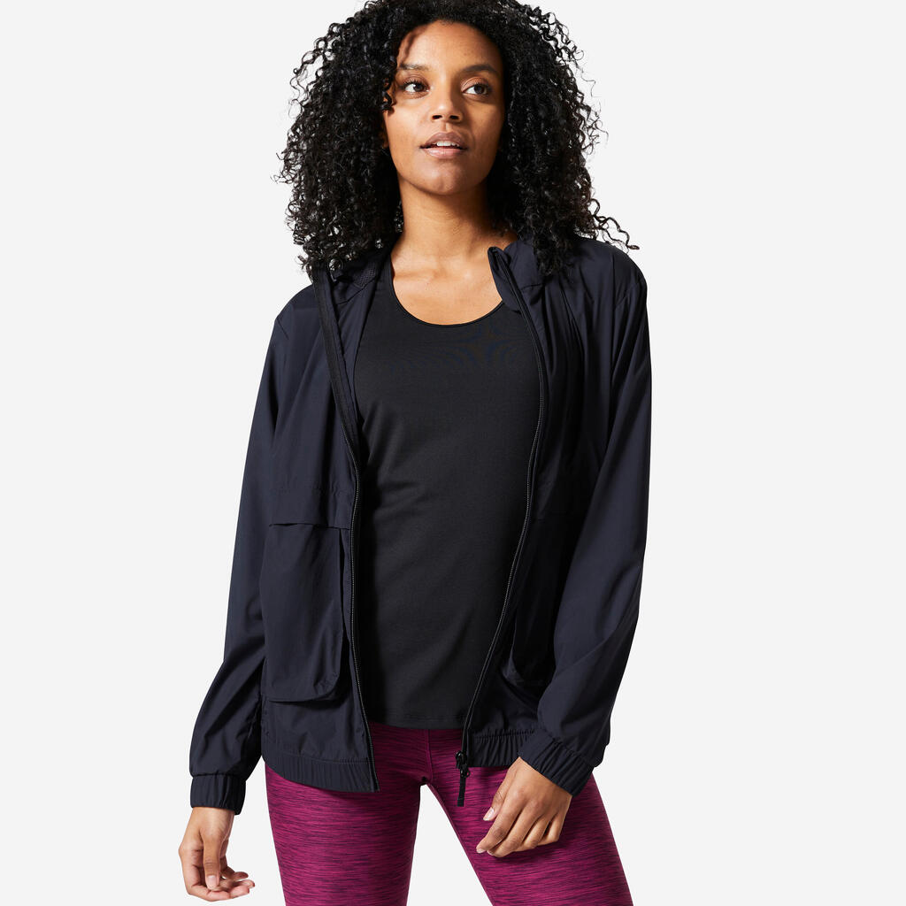 Women's Cardio Fitness Loose Hooded Jacket with Zip Pockets - Black
