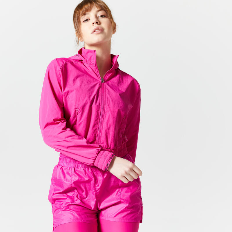 Felpa donna fitness 100 traspirante con cappuccio rosa