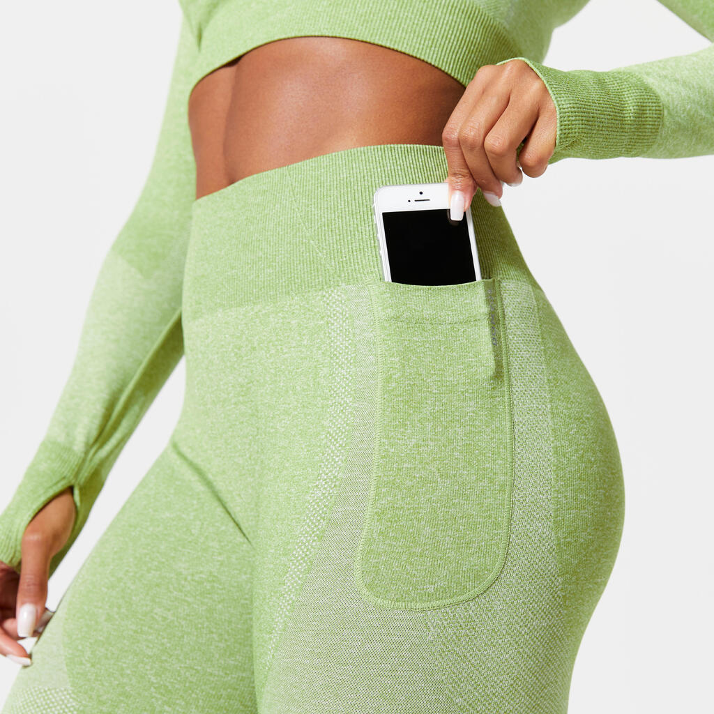 Tajice za fitnes 900 visokog struka bešavne s džepom za telefon ženske zelene