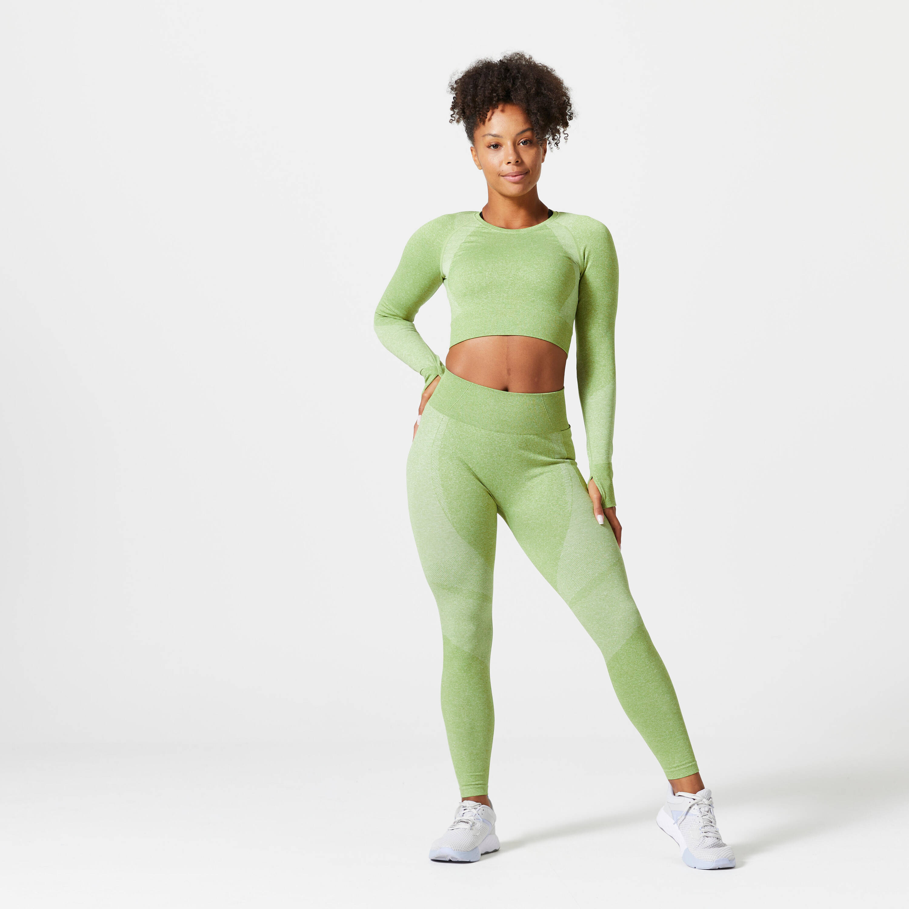 Women Gym Leggings Seamless High Waist with Phone Pocket - Green -  3