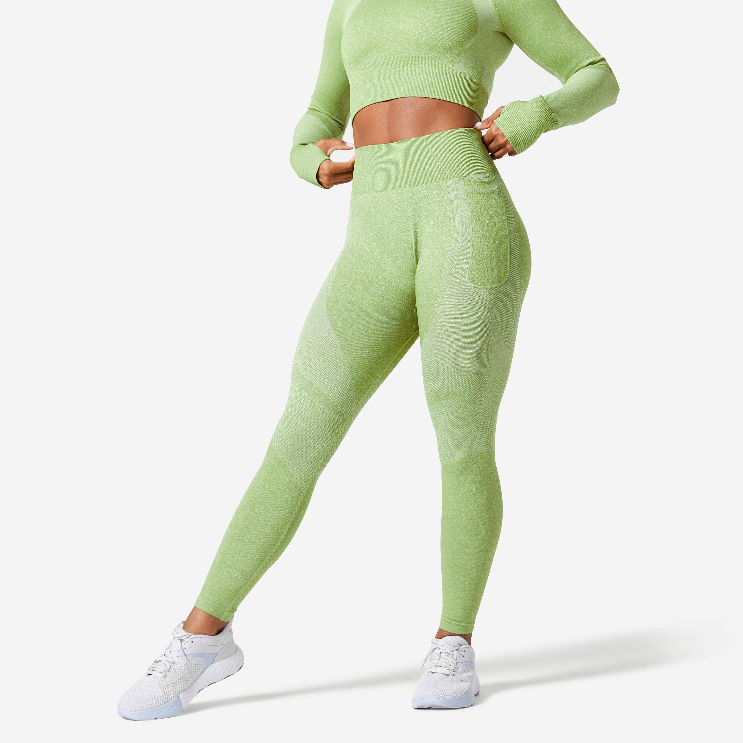 Women Gym Leggings Seamless High Waist with Phone Pocket - Green -  1