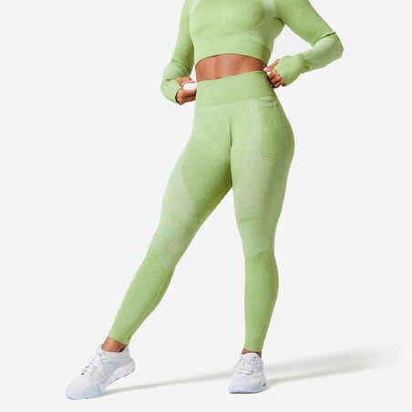 Leggings de fitness con bolsillo para Mujer Domyos 900 verde limón