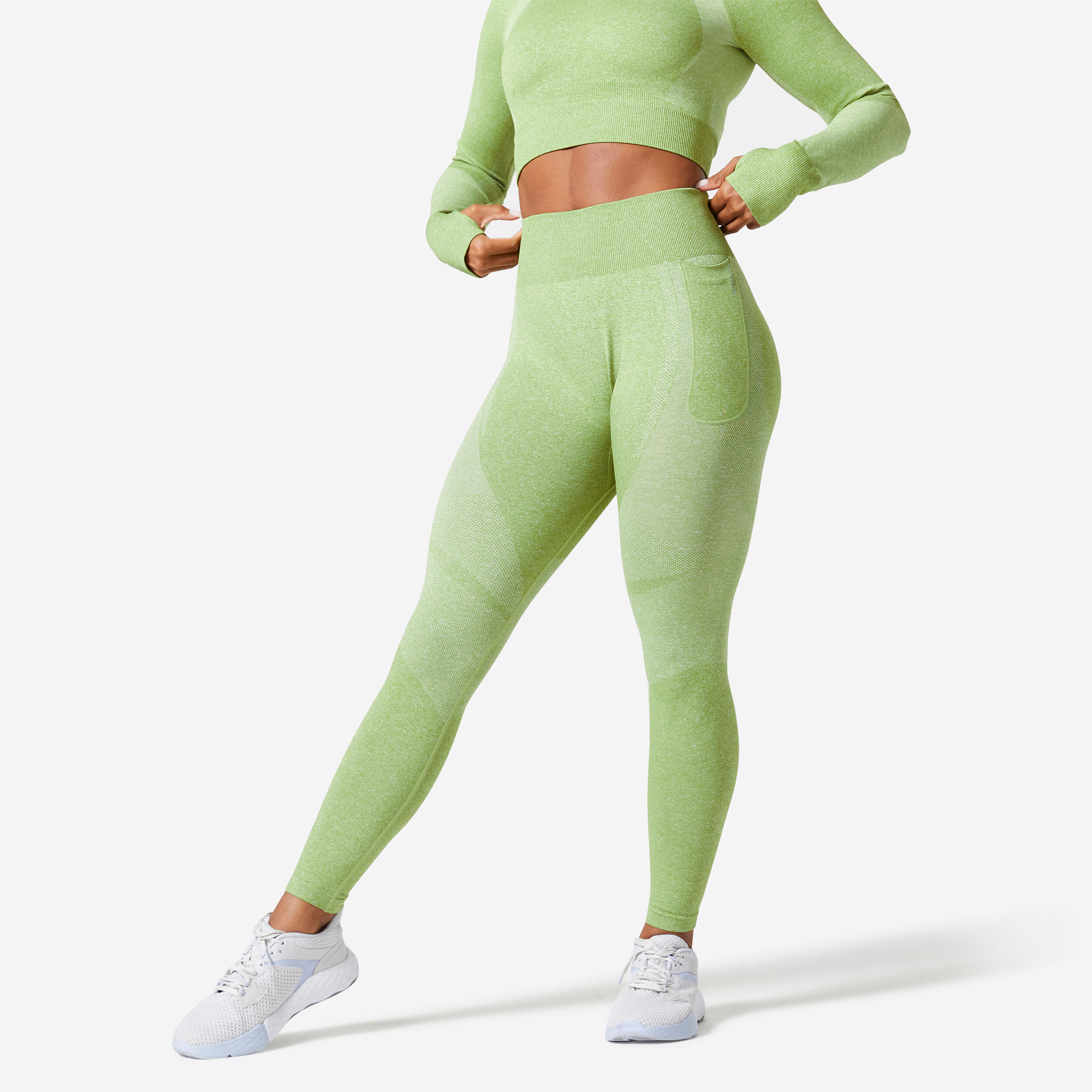 High-Waisted Seamless Fitness Leggings with Phone Pocket - Green DOMYOS