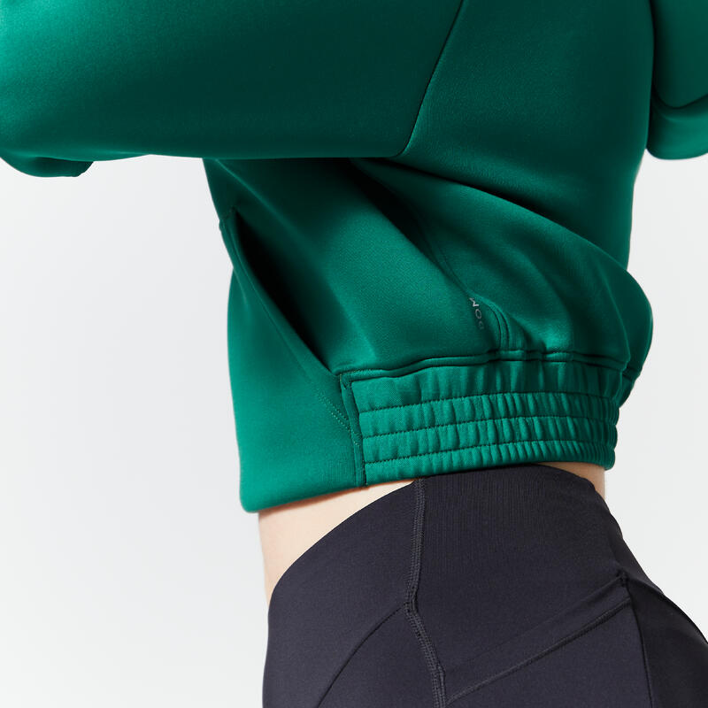 Felpa donna fitness 500 crop top traspirante con cappuccio verde