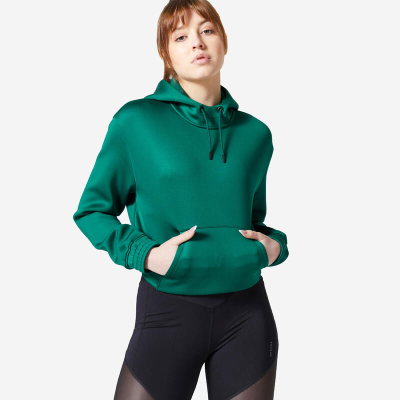 Felpa donna fitness 500 crop top traspirante con cappuccio verde