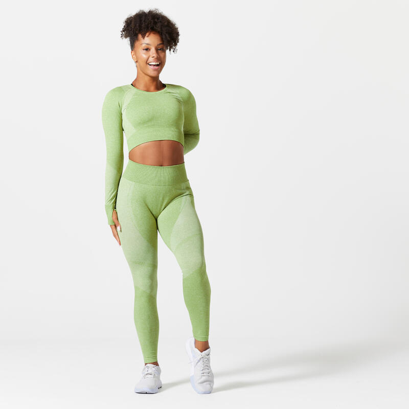 Bluză Fitness 900 Crop top fără cusături Verde măsliniu Damă