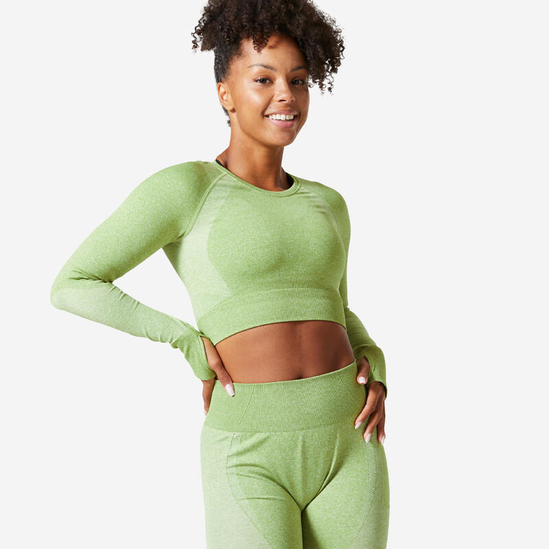 T-shirt manica lunga donna palestra 900 slim fit cropped traspirante verde