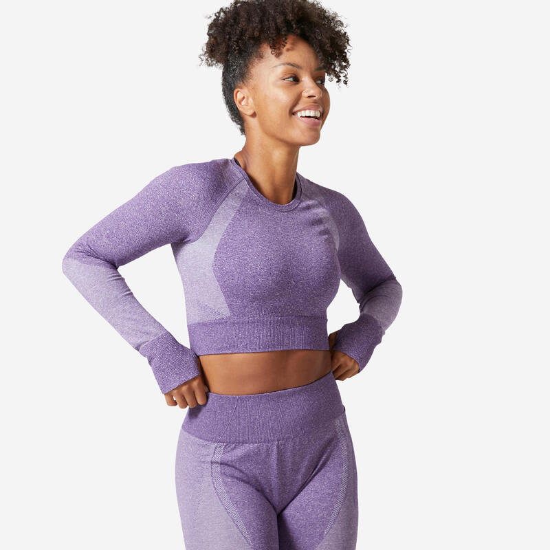 Long-Sleeved Cropped Seamless Fitness T-Shirt - Aubergine Purple