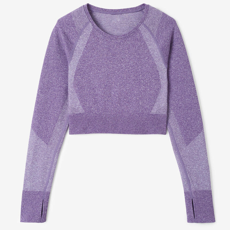 Long-Sleeved Cropped Seamless Fitness T-Shirt - Aubergine Purple