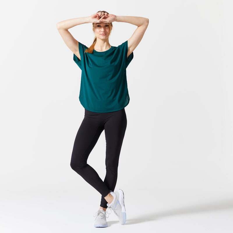 T-shirt donna fitness 500 loose traspirante verde