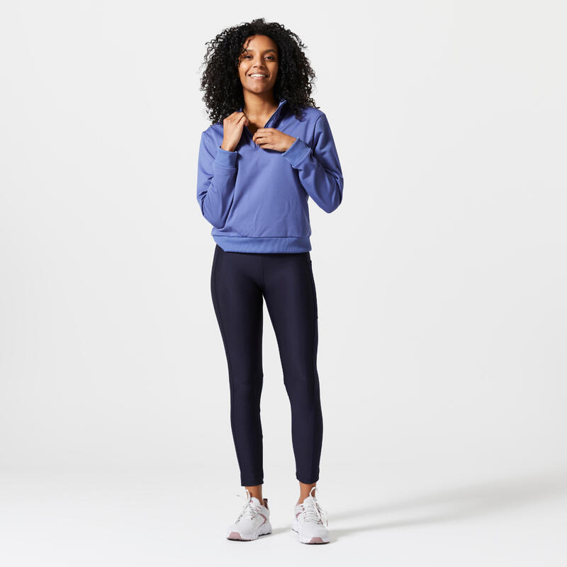 Sweat court manches longues Fitness Cardio Femme Bleu Orage