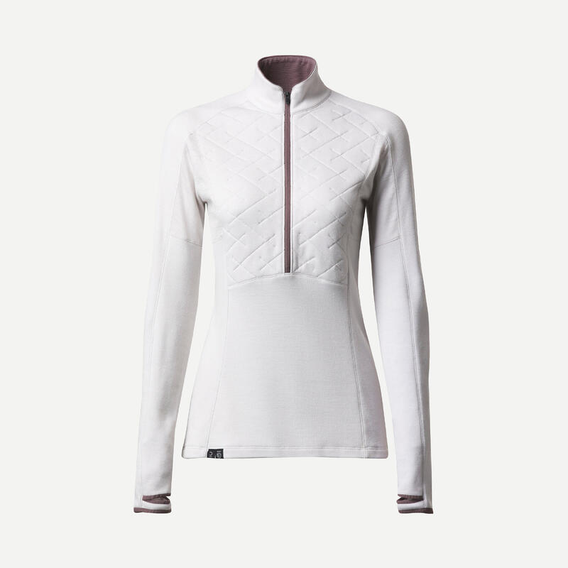 T-shirt en laine mérinos de trek montagne manche longue col zippé -MT900 - Femme