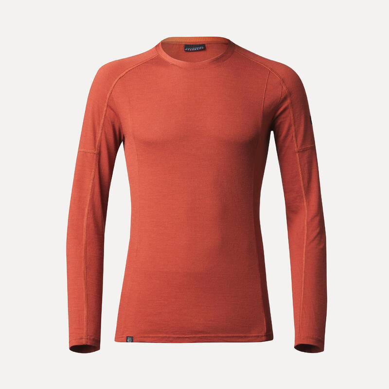 男款登山健行美麗諾羊毛長袖拉鍊T恤TREK 500 －橘色