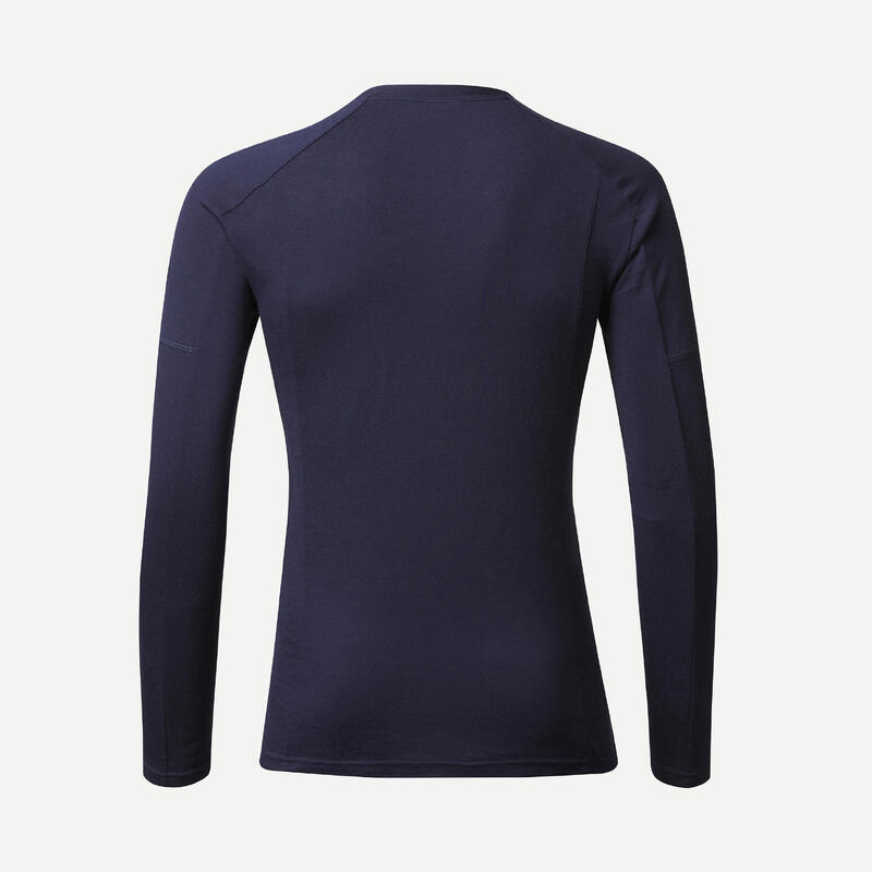 男款登山健行美麗諾羊毛長袖拉鍊T恤TREK 500－軍藍色