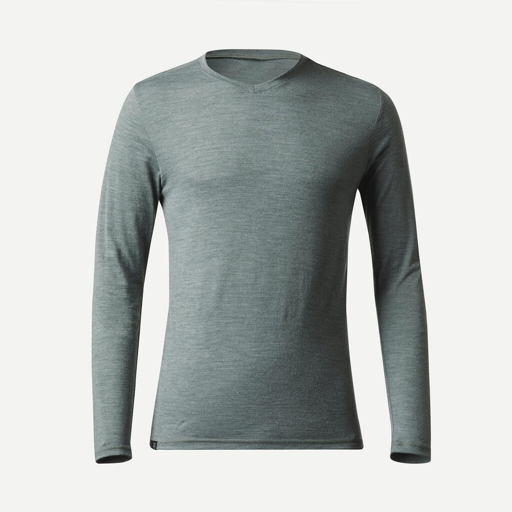 Men's long-sleeved travel trekking Merino wool T-shirt - TRAVEL 100 - blue
