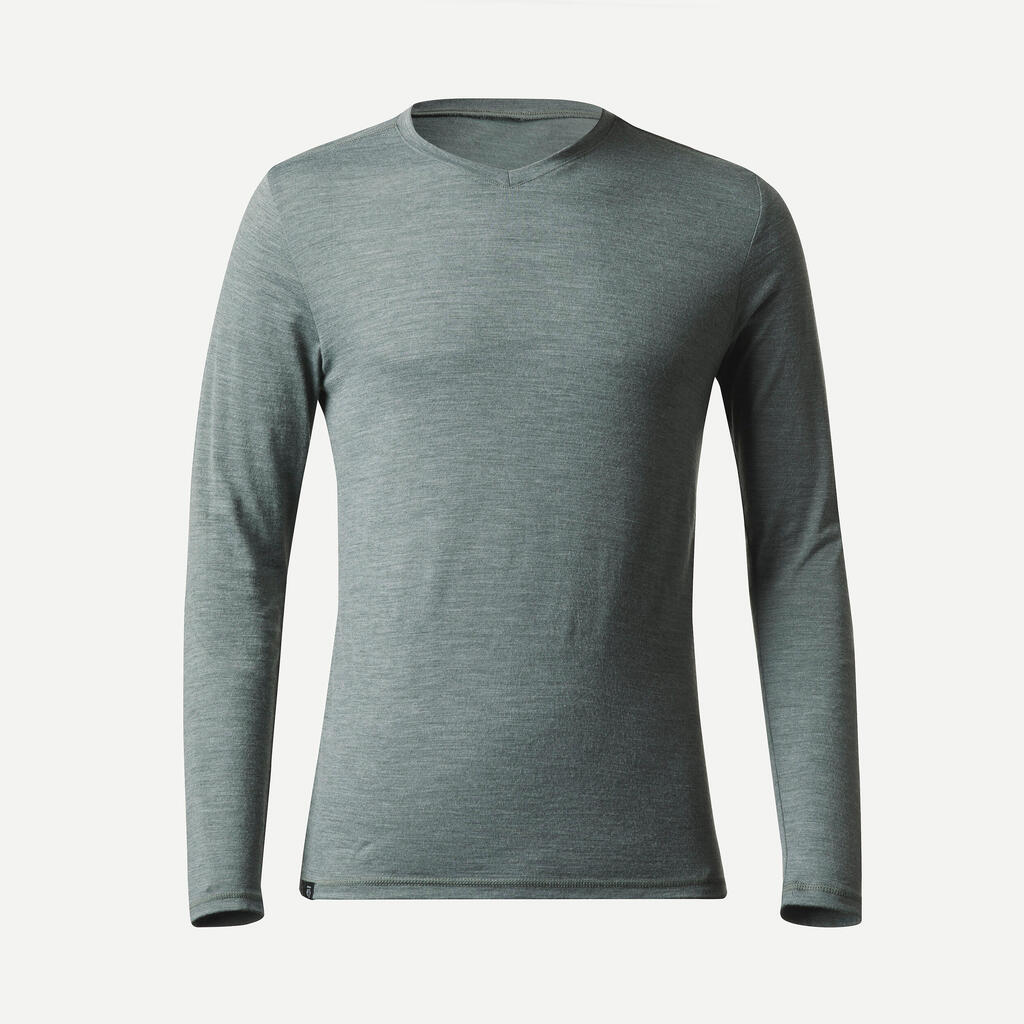 Men's long-sleeved travel trekking Merino wool T-shirt - TRAVEL 500 - blue