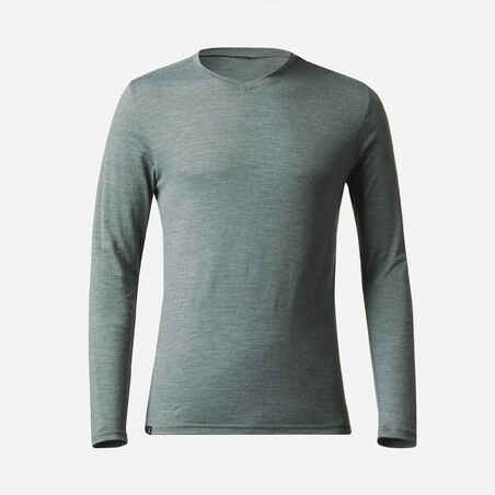 Ανδρικό μακρυμάνικο t-shirt από μαλλί merino για πεζοπορία - TRAVEL 500 - Χακί