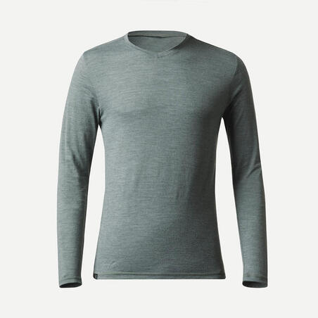 Men's long-sleeved Merino wool trekking t-shirt - TRAVEL 100 - Khaki