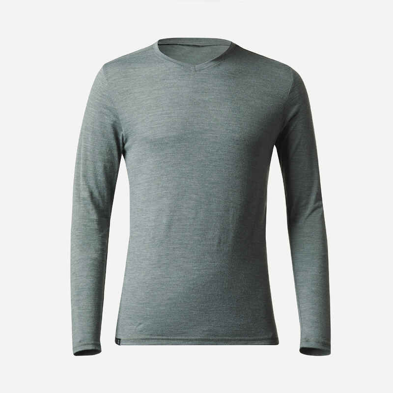 Men's long-sleeved Merino wool trekking t-shirt - TRAVEL 500 - Khaki