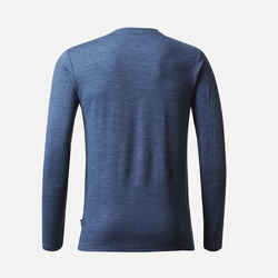 Men's long-sleeved travel trekking Merino wool T-shirt - TRAVEL 500 - blue