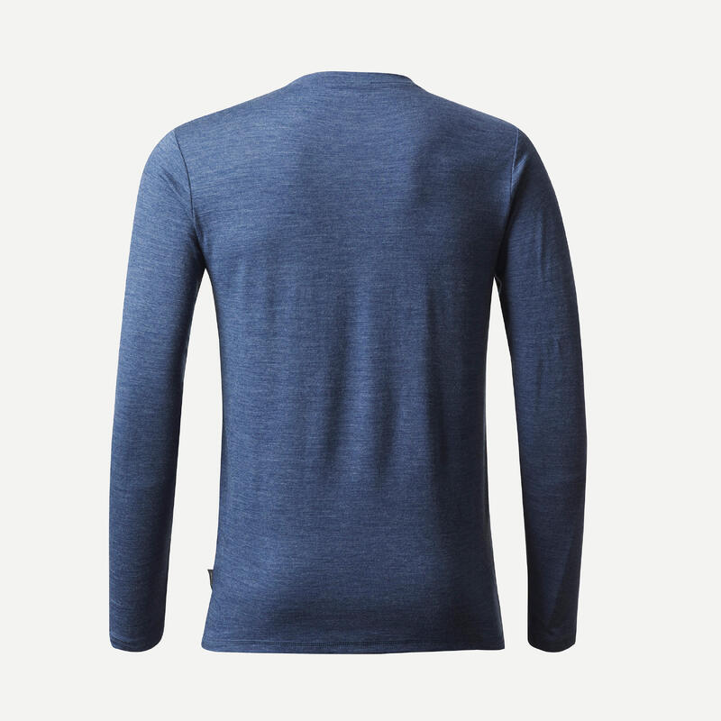 Camiseta manga larga lana merina de trekking viaje - TRAVEL 500 azul hombre 
