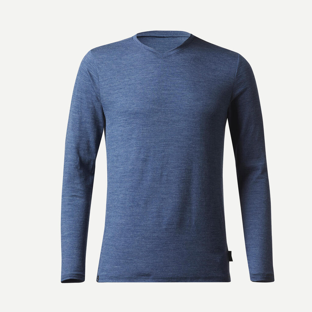 Pánske trekingové tričko Travel 500 s dlhým rukávom z vlny merino modré