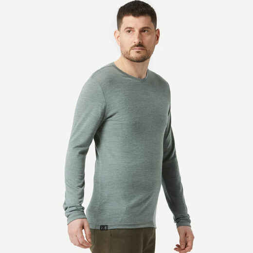 
      Men's long-sleeved Merino wool trekking t-shirt - TRAVEL 500 - Khaki
  