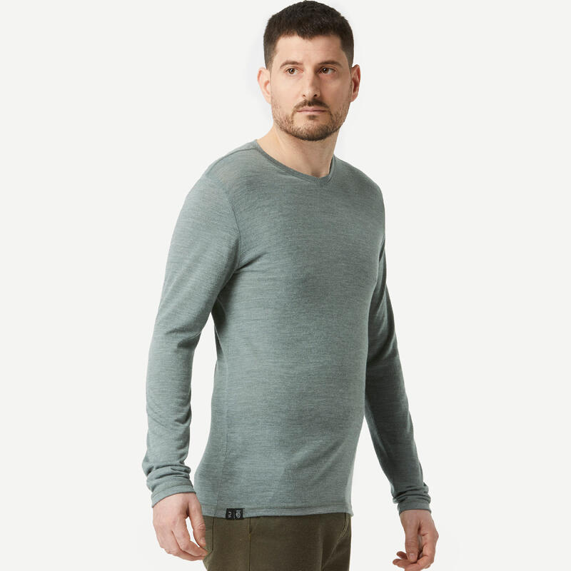 T-shirt laine mérinos de trek voyage - TRAVEL 500 manches longues kaki homme
