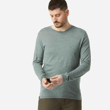 Men's long-sleeved Merino wool trekking t-shirt - TRAVEL 500 - Khaki