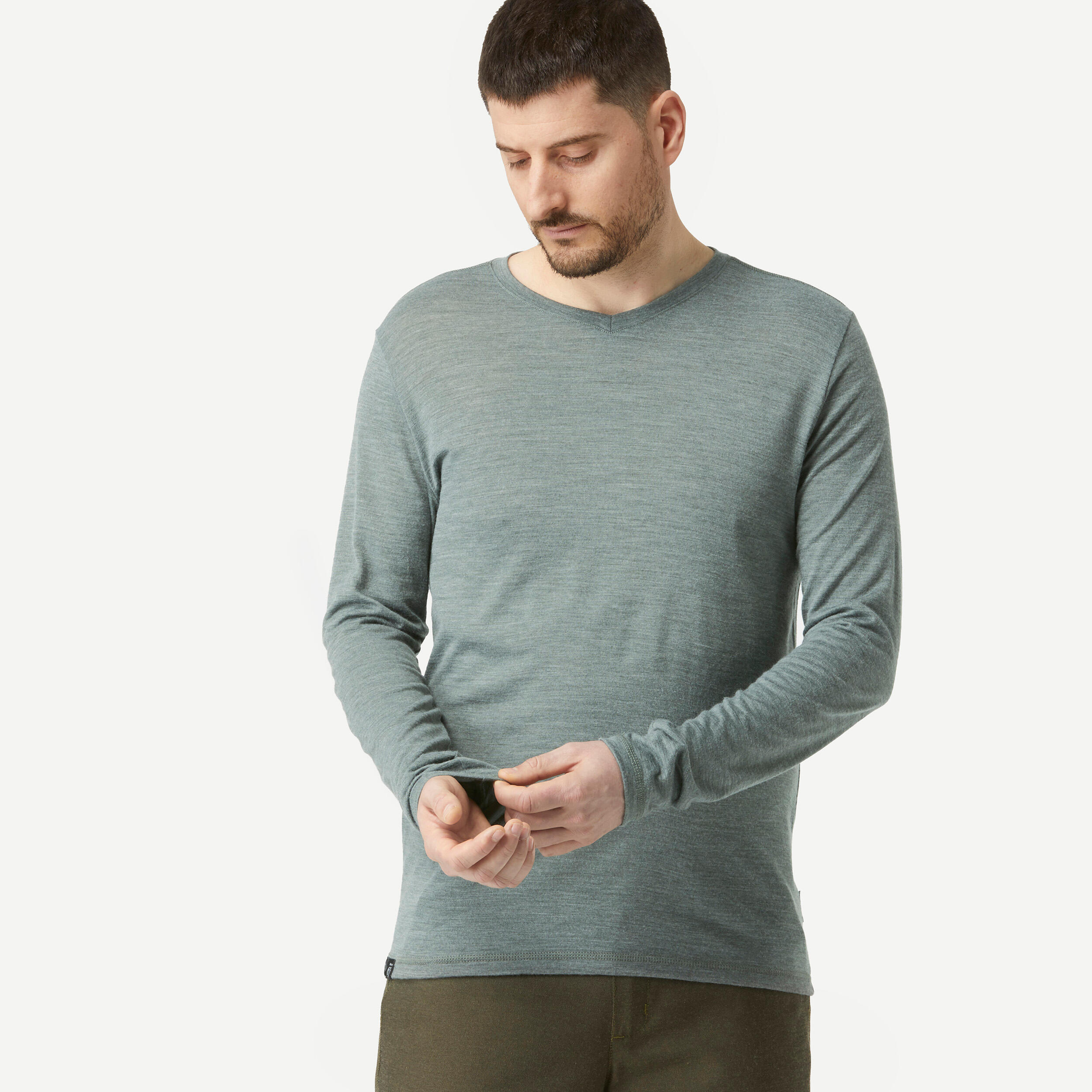 Men's long-sleeved Merino wool trekking t-shirt - TRAVEL 500 - Khaki 2/6