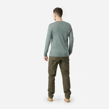 Men's long-sleeved Merino wool trekking t-shirt - TRAVEL 500 - Khaki