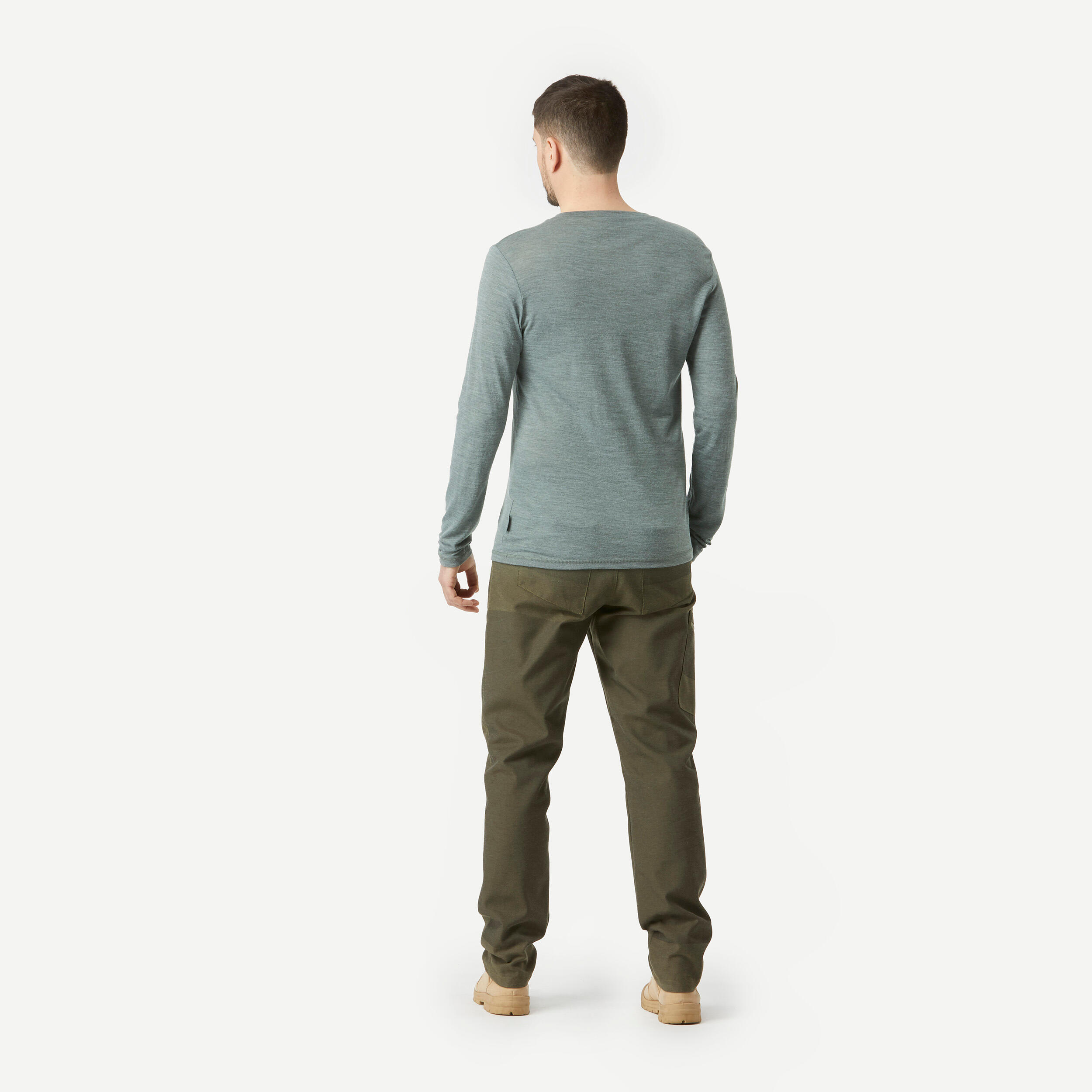 Men's long-sleeved Merino wool trekking t-shirt - TRAVEL 500 - Khaki 4/6