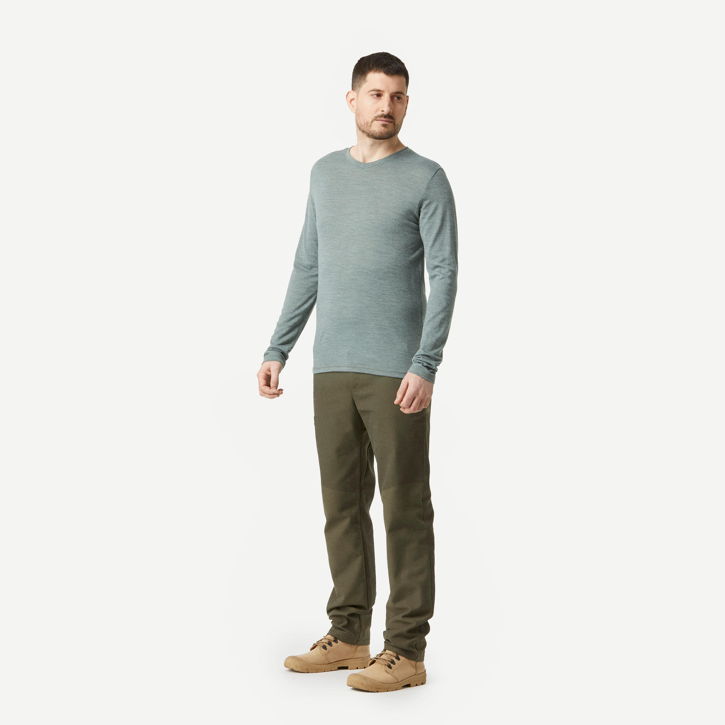 Men's long-sleeved Merino wool trekking t-shirt - TRAVEL 500 - Khaki 3/6
