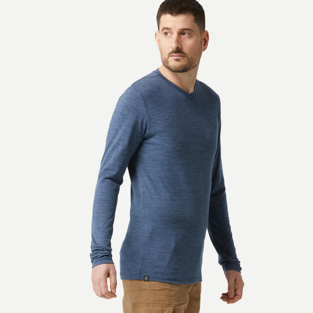 Men's long-sleeved travel trekking Merino wool T-shirt - TRAVEL 500 - blue