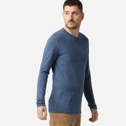 Ανδρικό μακρυμάνικο T-shirt από μαλλί merino για πεζοπορία - TRAVEL 100 - μπλε